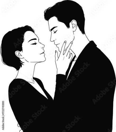 Romantic vector illustration of couple in love, intimate moment with man and woman embracing, relationship, passion, affection, emotional connection, romance, lifestyle concept design