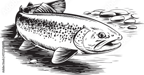 Vintage Fish engraving outline vector art illustration design, Fish silhouette, hand drawn, line art fish design
