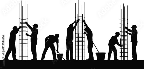 silhouette construction workers fixing steel reinforcement rebar for concrete columns teamwork labor force safety hardhat industrial job site building structure project development