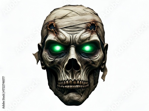 Creepy Mummy Mask with Glowing Green Eyes and Bandages - Halloween Horror Prop
