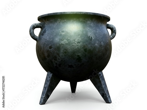 Mysterious old cast iron cauldron with faint internal glow, isolated on a stark white background, ready for magic or a mystical brew