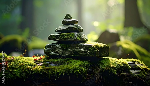 Serene stone stack on mossy log in sun-dappled forest
