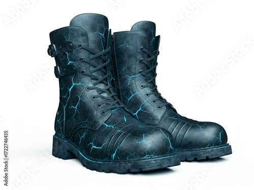 A striking pair of rugged armored boots, intricately designed with captivating glowing faint blue cracks, evoking a powerful and futuristic aesthetic, isolated on a crisp white background