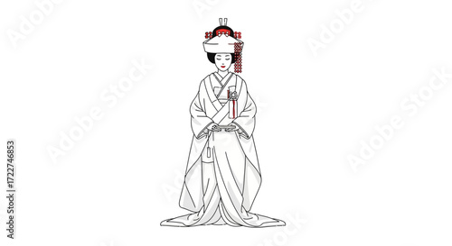 Illustration of a traditional Japanese bride in a white kimono, adorned with elaborate headwear and accessories, representing a solemn cultural ceremony and marital union
