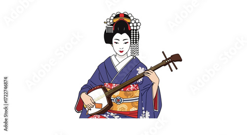 Illustration of a traditional Japanese geisha playing a shamisen. A geisha with a beautiful kimono and traditional hairstyle entertains with music. Japanese culture