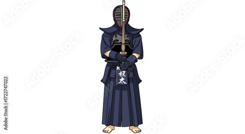 A detailed illustration of a person dressed in traditional Japanese Kendo attire, standing upright with a bamboo sword, showcasing the martial art's equipment