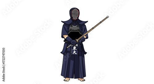 A Kendo practitioner stands ready, clad in traditional armor and holding a bamboo sword, poised to engage in the ancient Japanese martial art of Kendo, the way of the sword