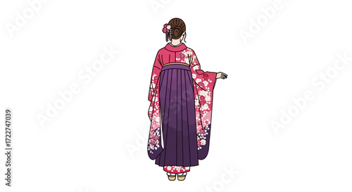 A woman stands gracefully, her back turned, showcasing a vibrant fuchsia and plum kimono adorned with a delicate floral design. The traditional Japanese attire embodies cultural elegance
