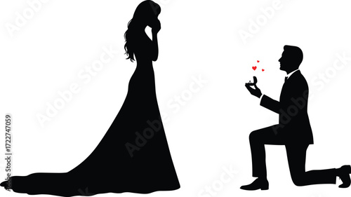 Silhouette vector illustration of man proposing marriage on one knee to woman in dress, romantic love proposal, wedding engagement, couple relationship concept design