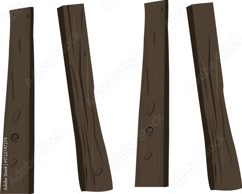 The image shows a simple digital illustration of four wooden planks standing vertically.
Each plank is dark brown with visible wood grain lines and small knot details, giving a natural, rustic look.