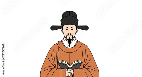 A detailed illustration of a wise scholar from ancient times, dressed in traditional attire, engrossed in reading a book, symbolizing knowledge, culture, and intellect