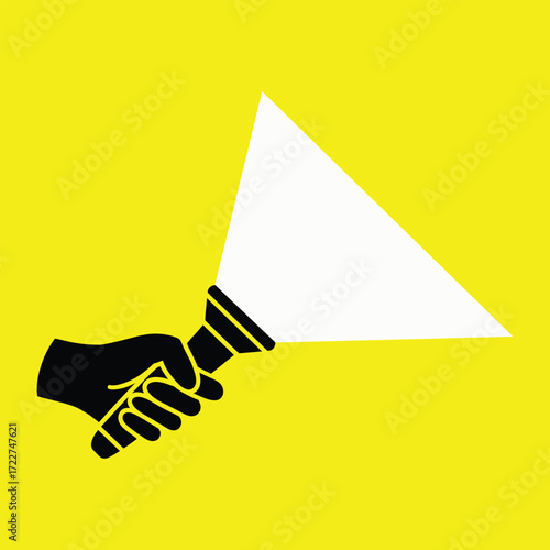 Hand holding flashlight icon vector on yellow background. light, beam, torch, graphic, design, sign, yellow, black, clipart, drawing, symbol.