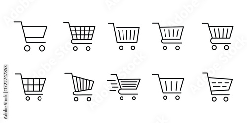 Shopping cart icon set vector on white background. ecommerce, online, store, market, retail, sale, buy, purchase, shop, basket, wheel, handle, metal, symbol.