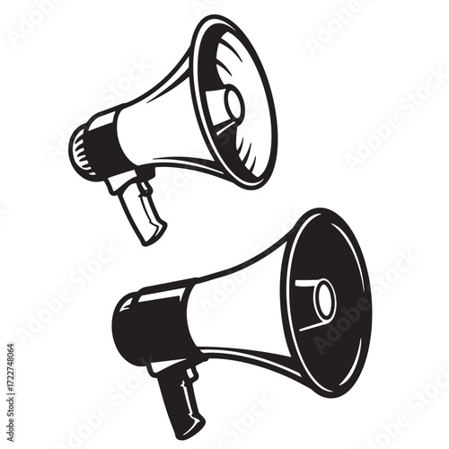 Two black and white handheld megaphones illustration for announcement and advertising designs