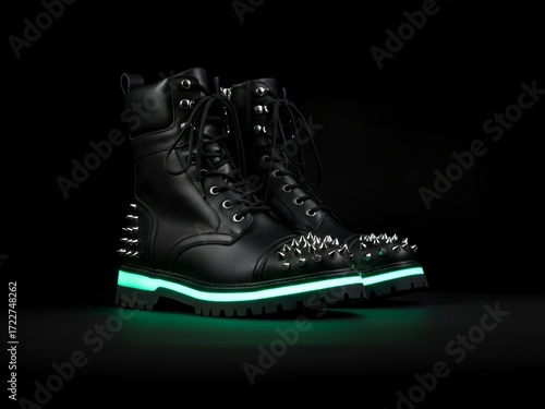 Pair of edgy black leather boots with luminous green soles and spiked details isolated on black background