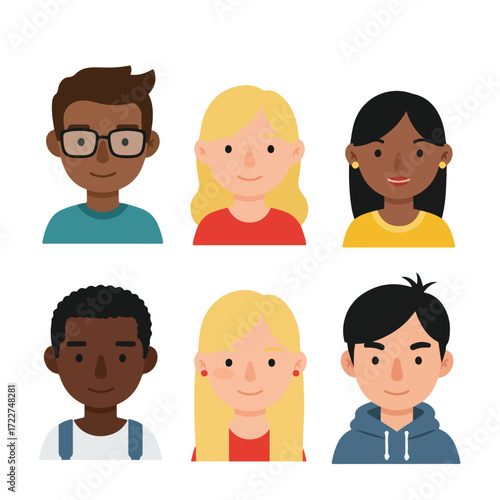 Six diverse cartoon faces of people for various projects requiring representation of different appearances and characters, ideal for digital design.