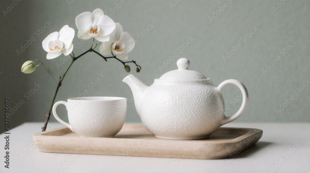 Fototapeta premium Elegant white teapot and cup with orchid on a wooden tray for a relaxing moment.
