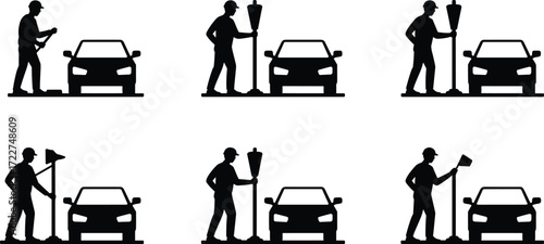 silhouette of road construction workers directing traffic with warning signs stop slow control highway work zone safety vehicle passing roadside job transportation management