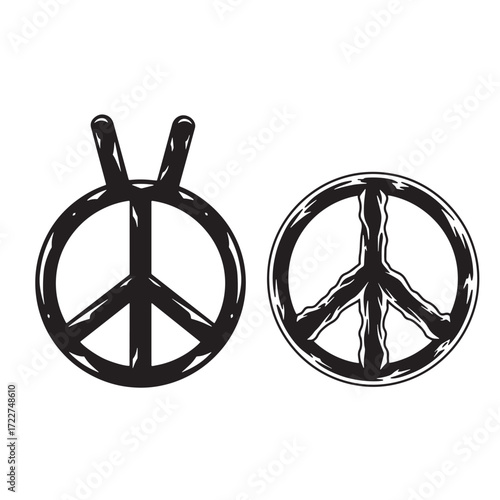 Two black and white peace symbols representing harmony and anti war movements