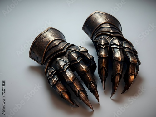 A pair of ancient metallic talon gauntlets with sharp claws, isolated on a clean white background for fantasy concepts