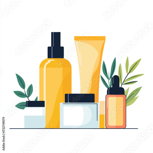 Collection of skincare products with natural elements.