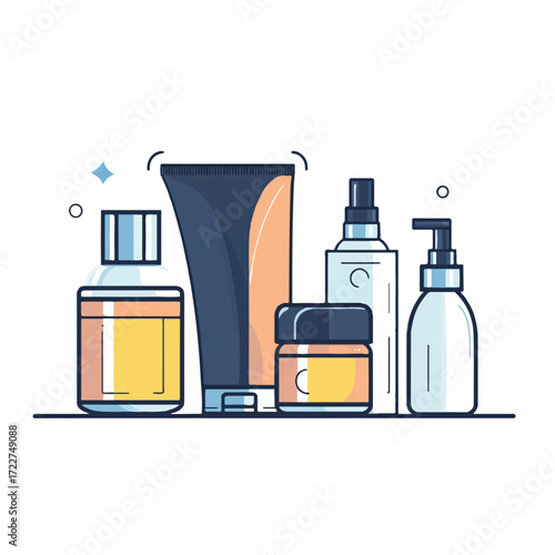  Collection of various cosmetic and skincare products in bottles and jars