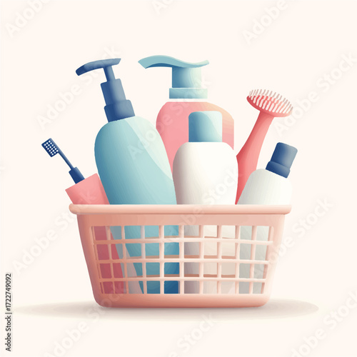 ollection of Toiletry Items in a Pink Plastic Basket