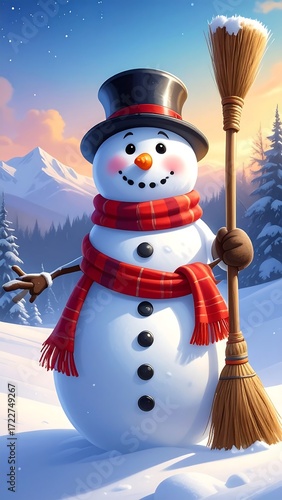 Smiling snowman in winter scene