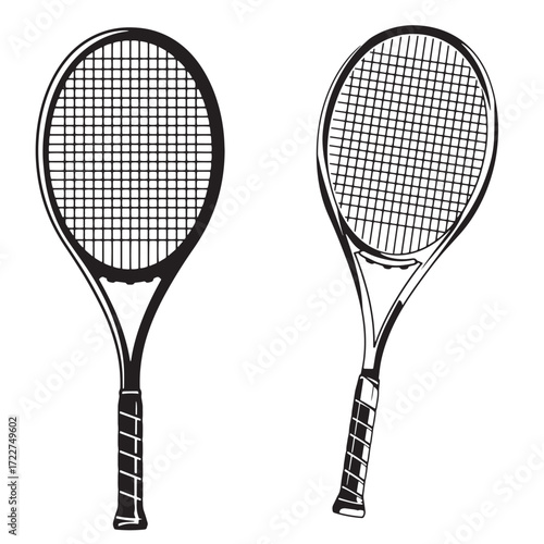 Two black and white vector illustrations of tennis rackets for sport or recreation