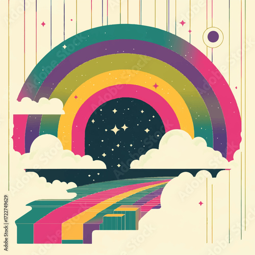 Colorful Rainbow Pathway to the Stars with Clouds and Vibrant Colors