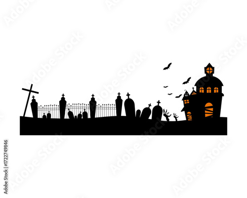 Spooky Halloween Cemetery Silhouette with Haunted House