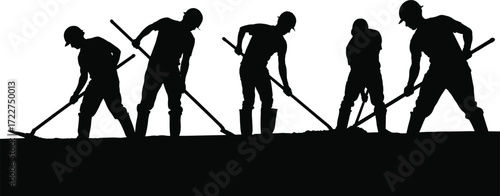 group of construction workers digging soil with shovels teamwork labor crew silhouette hard work site ground excavation industrial job teamwork collaboration