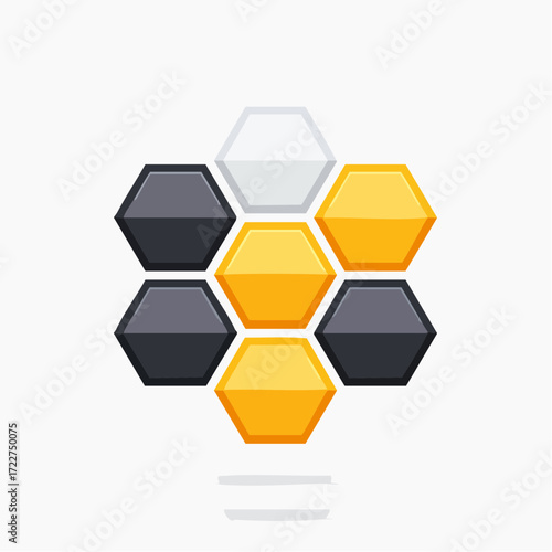 Modern abstract graphic of connected yellow, grey, and white hexagons, forming a lightbulb, symbolizing innovative ideas, smart solutions, and structured thought