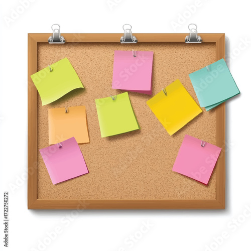 Corkboard with colorful sticky notes and binder clips.