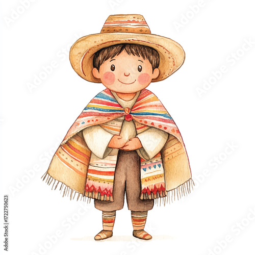 Cute Boy Wearing Traditional Andean Poncho and Hat.