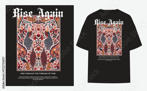 Streetwear graphic, vibrant, symmetrical illustration of two peacocks framed within an intricate, bold Gothic title: "Rise Again." Ideal for T-shirts, hoodies, posters, fashion enthusiasts, cultural.