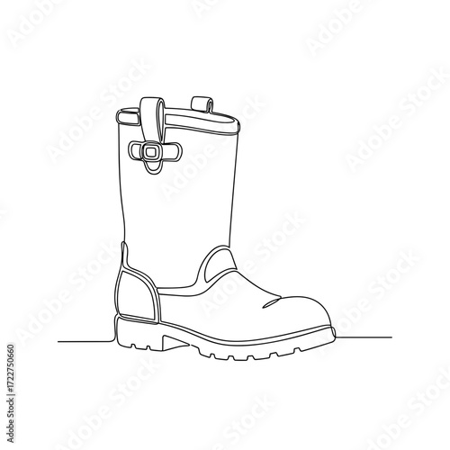 Work boot with buckle in minimalist black line art on white background