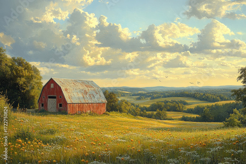A painting of a red barn in a field.