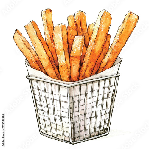 Crispy Golden French Fries in a Metal Basket.