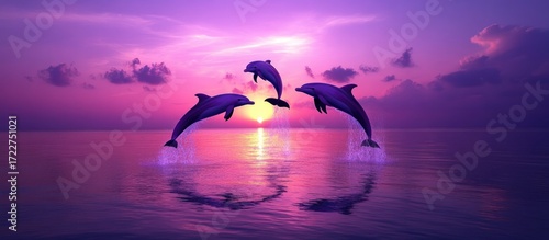 A Trio of Dolphins Leaps in Harmony Against a Vivid Purple Sunset