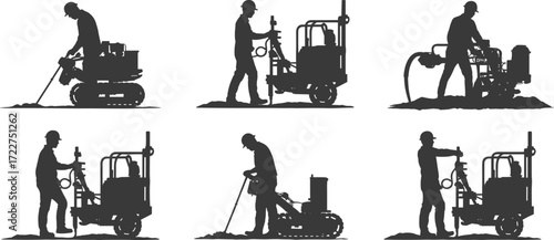 construction workers operating soil drilling machines foundation boring ground investigation geotechnical engineering core drilling equipment silhouette survey industrial worksite tools professional