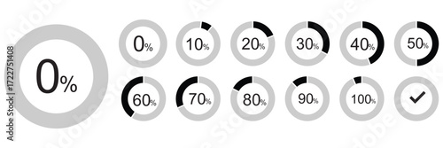 Progress bar vector set. Circle percentage diagrams from 0 to 100. Loading indicator, step indicator, step progress bar, step bar, step by step progress bar. Percentage meter. Circle progress bar.