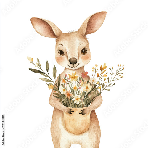 Cute baby kangaroo holding a pot of wildflowers watercolor illustration.