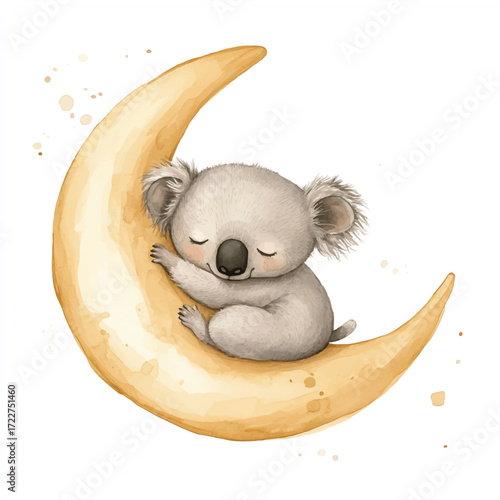 Cute baby koala sleeping peacefully on a yellow crescent moon.