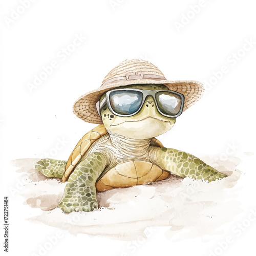 Cute baby sea turtle wearing a straw hat and sunglasses on the beach.