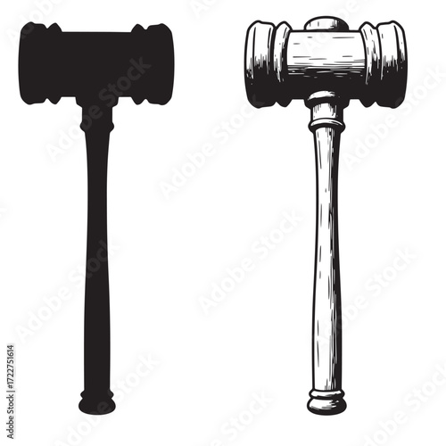 Two distinct hand drawn gavel illustrations depicting justice and legal proceedings concepts
