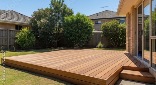 Spacious, light-brown composite deck.  Sunny backyard
