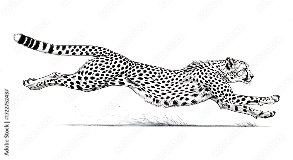 Naklejka premium Full Body Cheetah Pencil Drawing in Running Motion Black and White