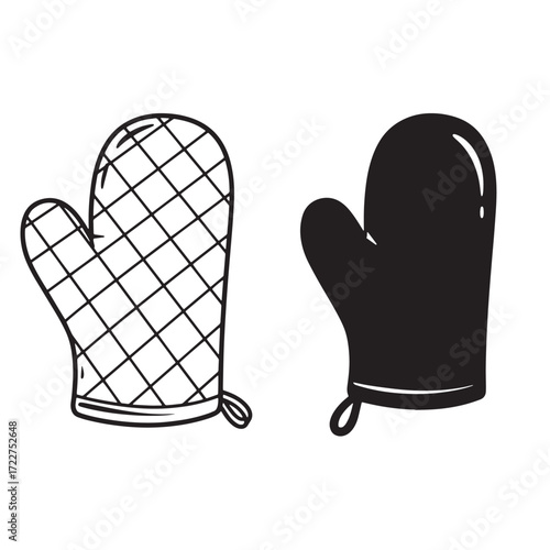 Two hand drawn oven mitts in outline and solid black color design elements