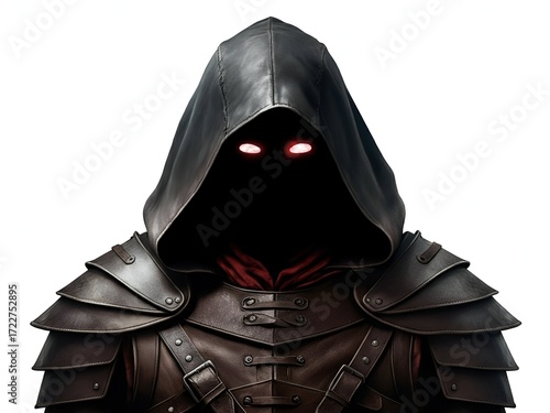 Mysterious Executioner in a Dark Robe with Glowing Red Eyes, isolated on White Background